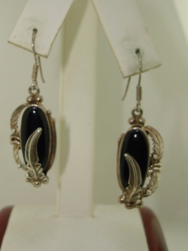 Vintage Native American sterling silver and onyx dangle earrings