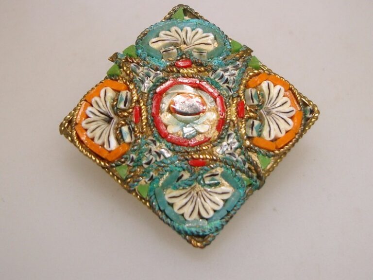 Vintage Italian floral micro-mosaic pin, gold washed square design