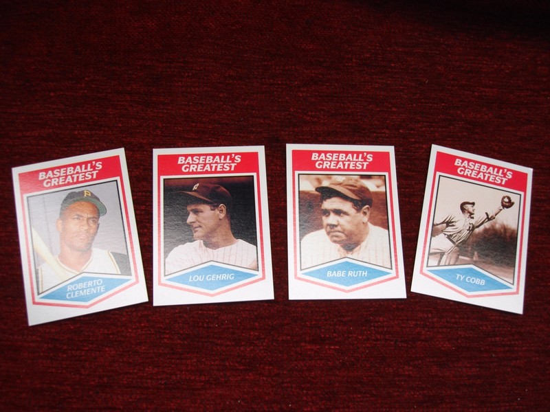 Factory sealed 1989 CMC Baseball's Greatest 4-card set featuring Lou Gehrig, Babe Ruth, Ty Cobb, and Roberto Clemente.
