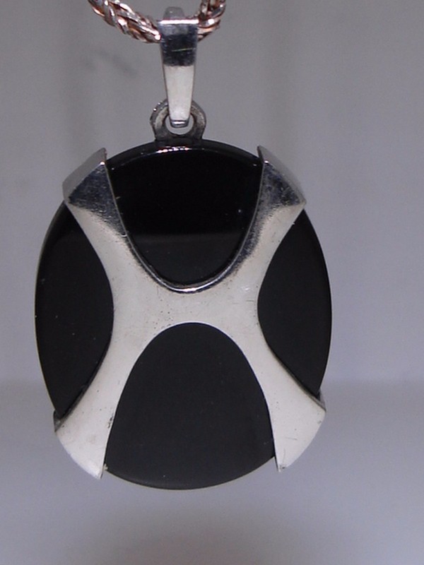 Vintage 1960s European 935 Sterling Silver & Black Glass Pendant Necklace