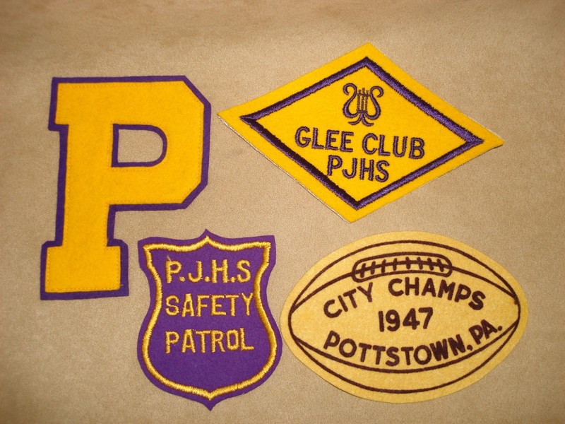 Vintage school patches from Pottstown, PA, including football, glee club, and safety patrol, from the 1940s and 1950s