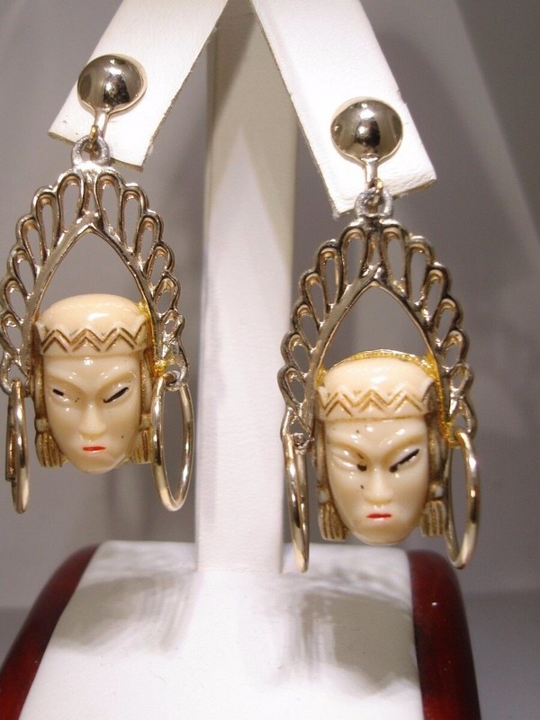 Vintage 1930s-40s Lucite Mask Dangle Earrings