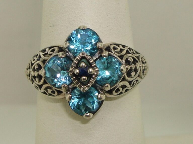 Sterling silver filigree ring with blue topaz gemstones