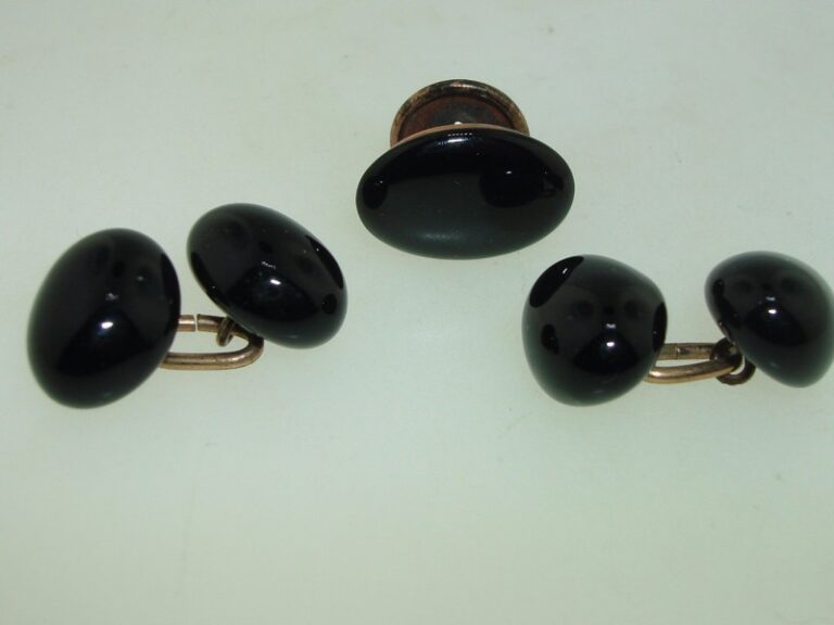 Antique Art Deco rose gold filled cufflinks and shirt studs with black glass