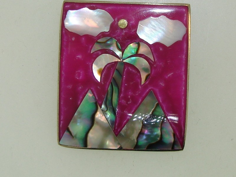 Vintage Mexico alpaca silver pin with enamel and mother-of-pearl mountains, palm trees, and clouds