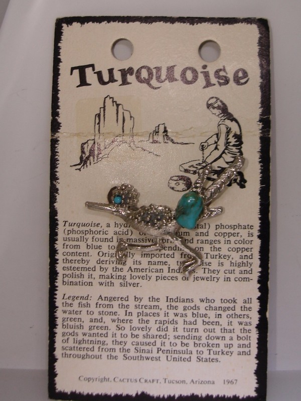 Vintage 1967 Cactus Craft silver roadrunner bird pin with turquoise