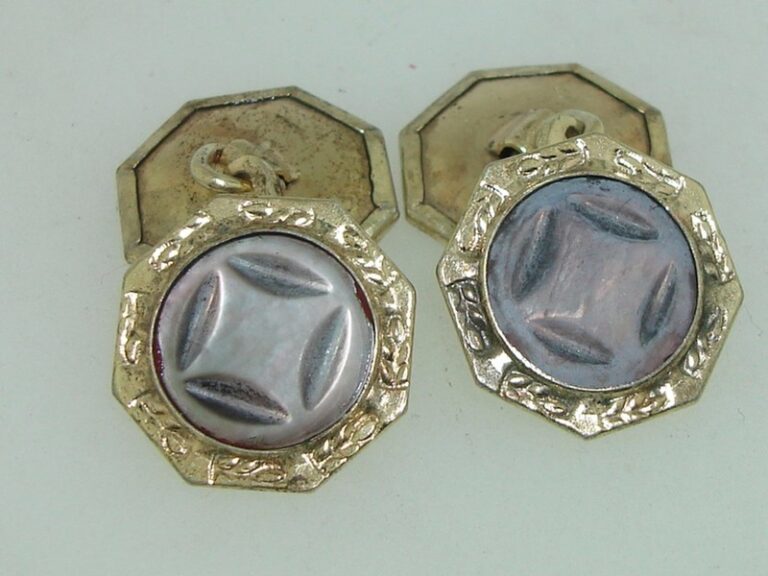 Antique Art Nouveau gold-washed MOP cufflinks with hexagonal design and iridescent mauve cabochons