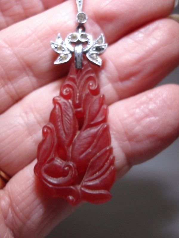 Vintage Art Nouveau Carnelian Glass Pendant Necklace in German Silver Vermeil