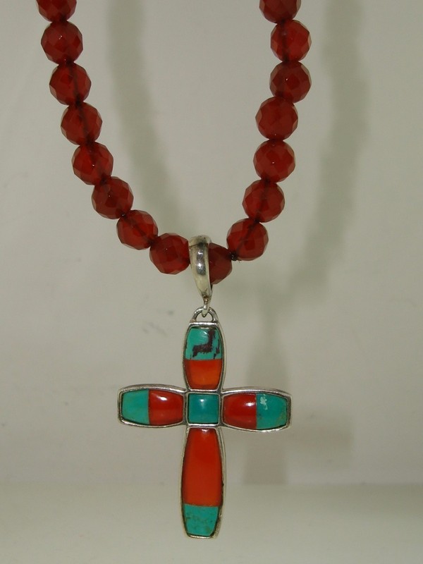 Sterling silver necklace with garnet beads, coral and turquoise inlay cross