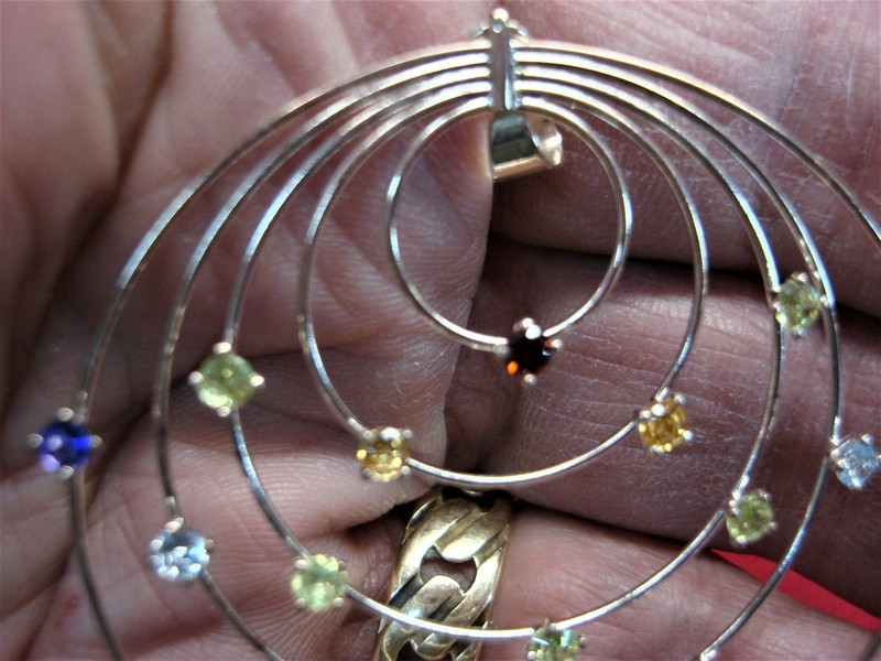 Sterling silver gemstone circle pendant with amethyst, peridot, and topaz