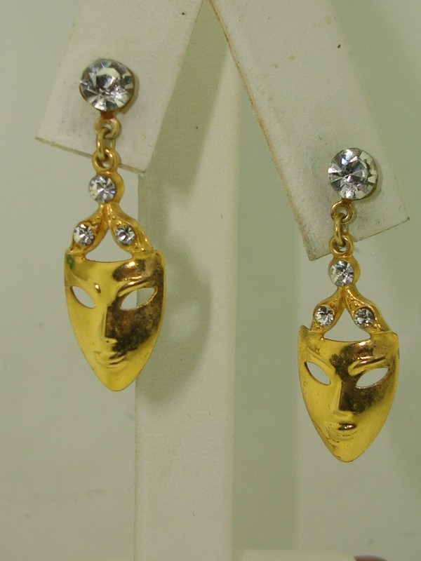 Vintage gold-tone foiled rhinestone dangle mask earrings