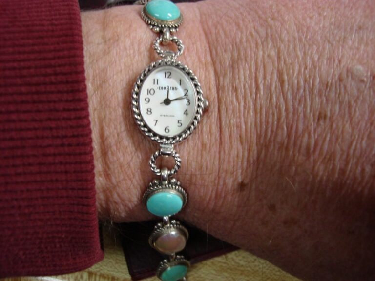 Vintage Sterling Silver Corazon Relios Wristwatch with Turquoise and Mother of Pearl Accents