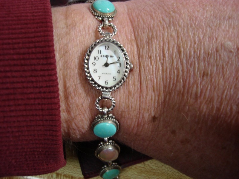 Vintage Sterling Silver Corazon Relios Wristwatch with Turquoise and Mother of Pearl Accents