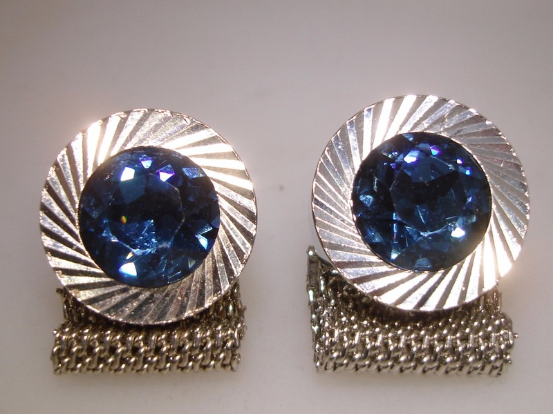 Vintage 1960s-70s silver mesh cufflinks with cobalt blue rhinestones