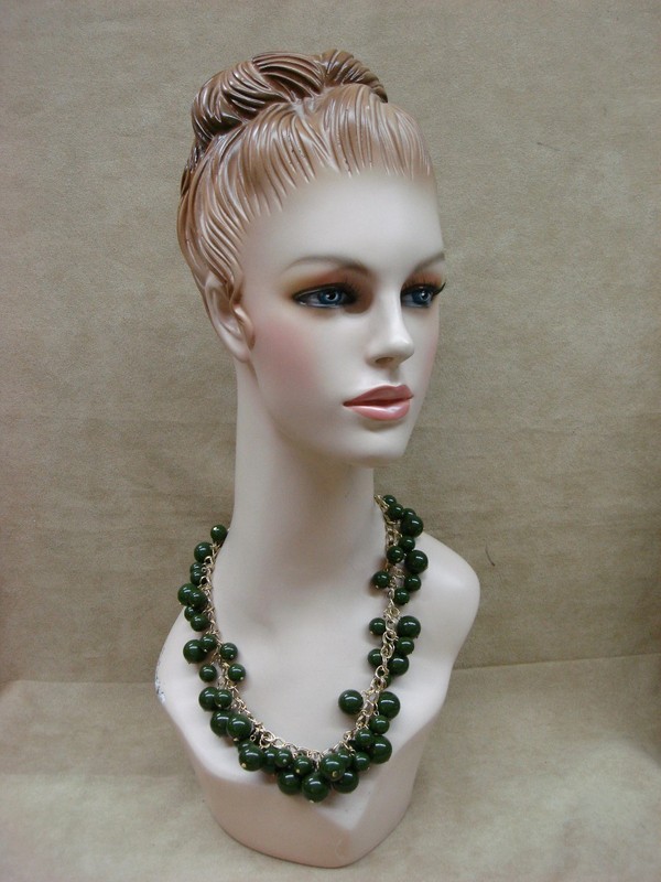 Rich green graduated bead bib necklace with gold-tone chain