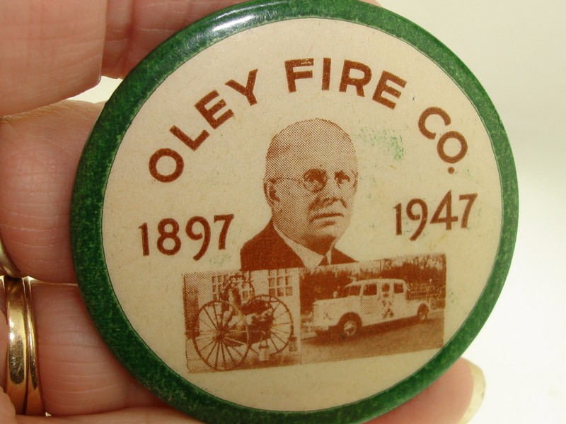 Antique 1947 Oley Fire Co. Sesquicentennial celluloid button