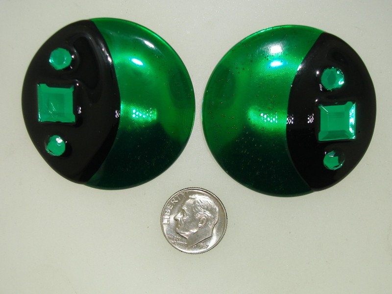 Vintage 1960s-70s Mod Green & Black Enamel Rhinestone Earrings
