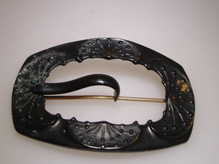 Victorian mourning sash buckle pin, black matte metal, 1890s