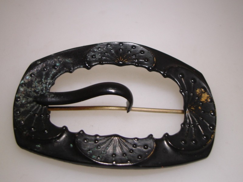 Victorian mourning sash buckle pin, black matte metal, 1890s