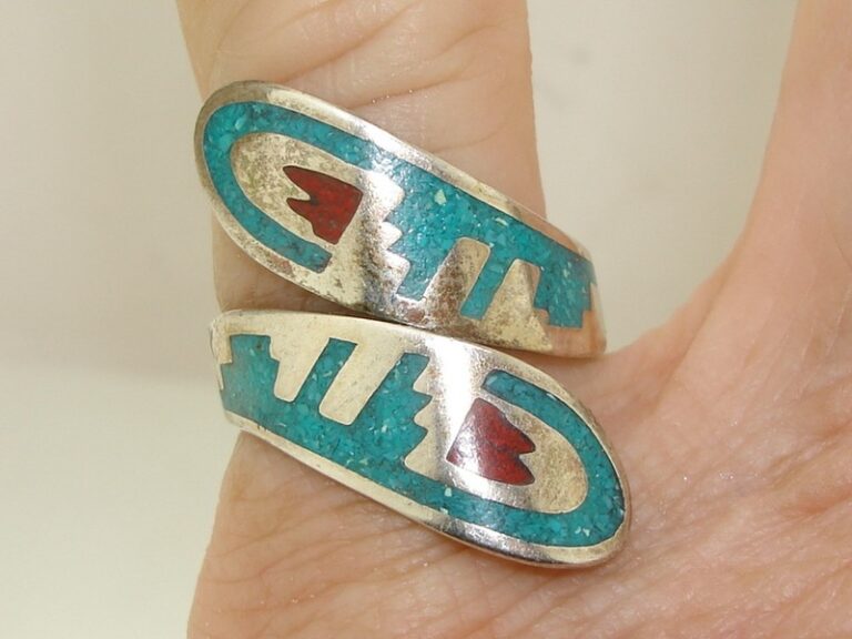 Vintage Carlisle Pollack sterling silver turquoise and coral inlay bypass ring, adjustable size 5.5