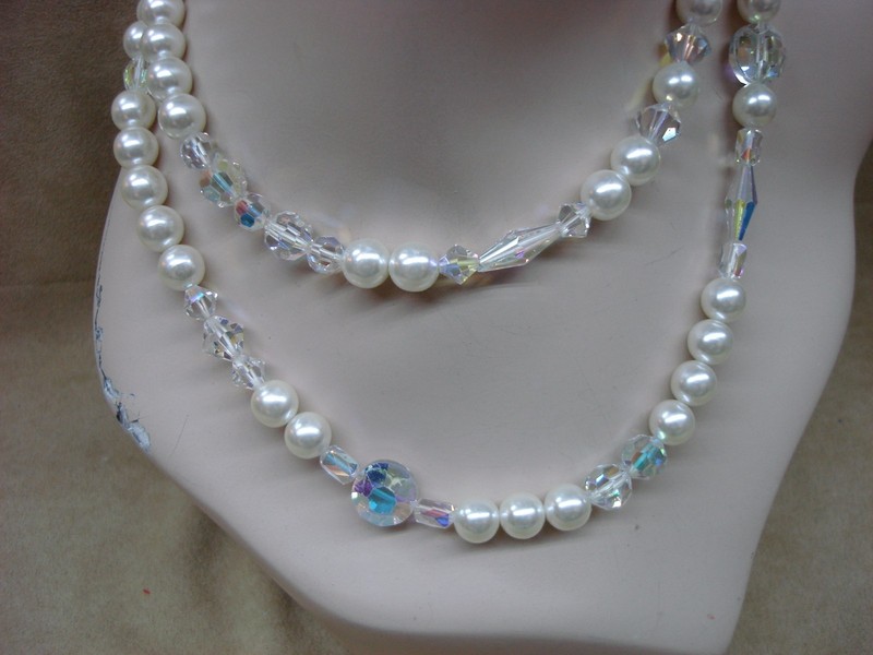 1970s vintage Swarovski crystal and faux pearl necklace and earring set