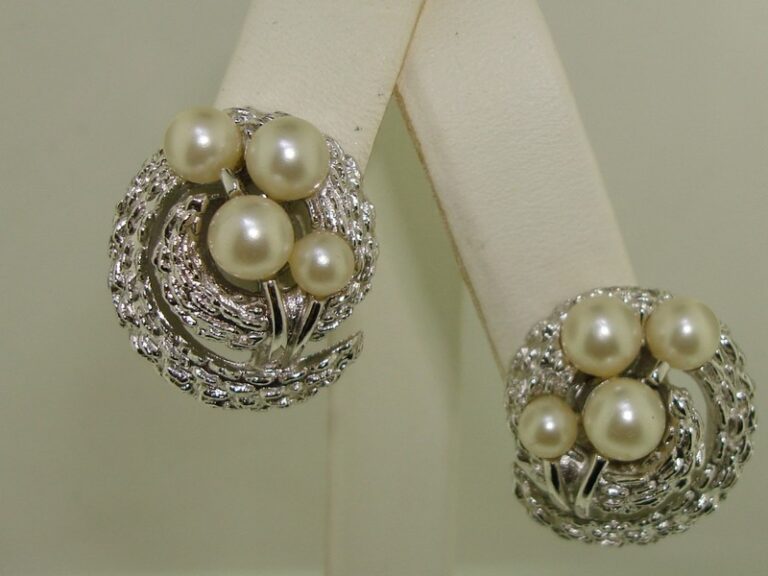 Vintage Crown Trifari silver and pearl clip-on earrings from the 1960s-70s