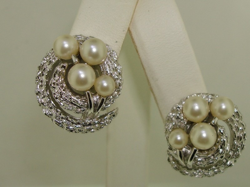 Vintage Crown Trifari silver and pearl clip-on earrings from the 1960s-70s