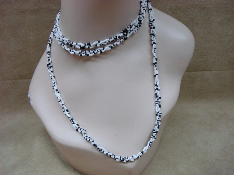 Black and white seed bead necklace, three strands, boho chic style
