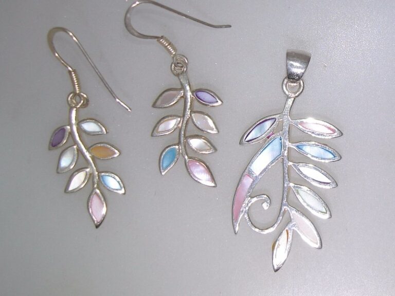 Sterling silver pastel MOP inlay pendant and earring set, leaf design