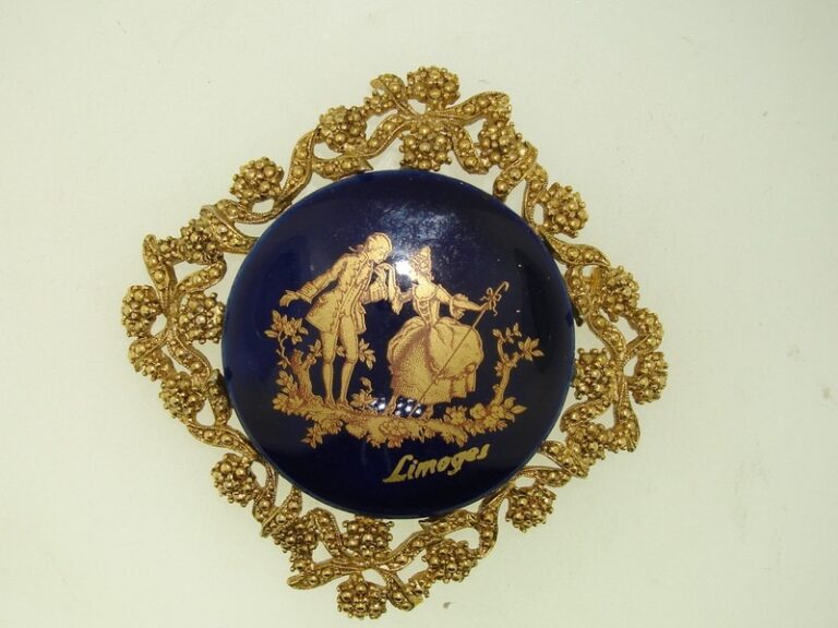 Vintage Limoges cobalt blue and gold enamel pin/pendant, 1950s, signed