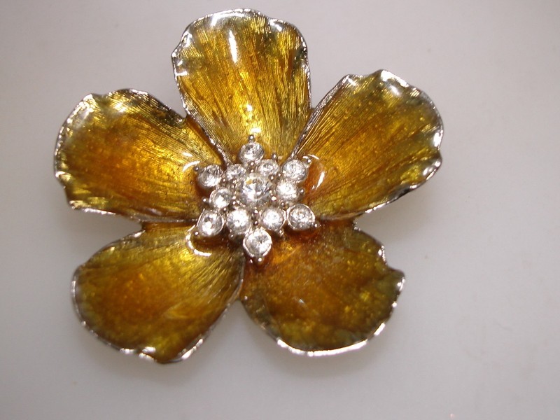 Vintage E. Pearl enamel flower pin with rhinestones, gold and silver finish