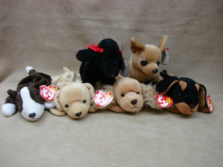 Set of six vintage retired Ty Beanie Babies dogs: Bruno, Gigi, Spunky, Doby, Fetch, and Tiny with original tags.