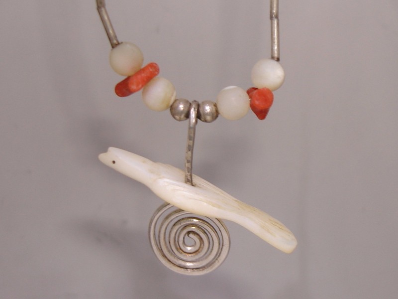 Vintage Southwestern style necklace with liquid silver, branch coral, and mother of pearl