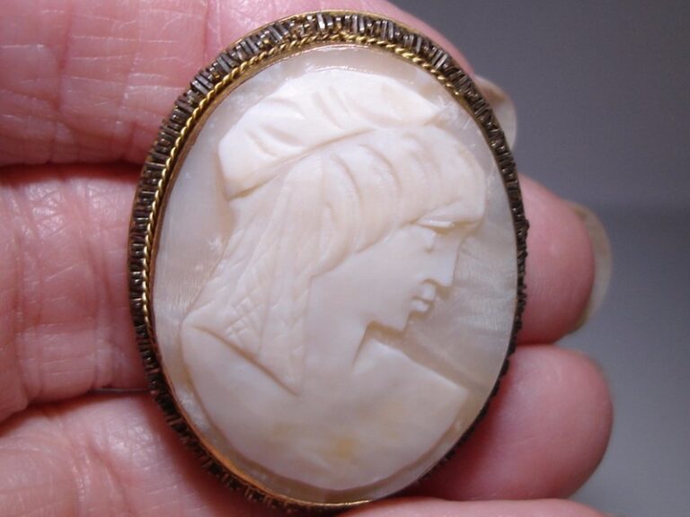 Antique Edwardian Shell Cameo Pendant/Pin, gold-plated cut steel, 1890s