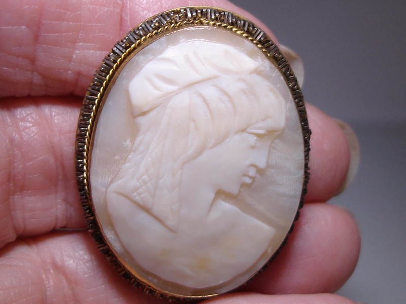 Antique Edwardian Shell Cameo Pendant/Pin, gold-plated cut steel, 1890s