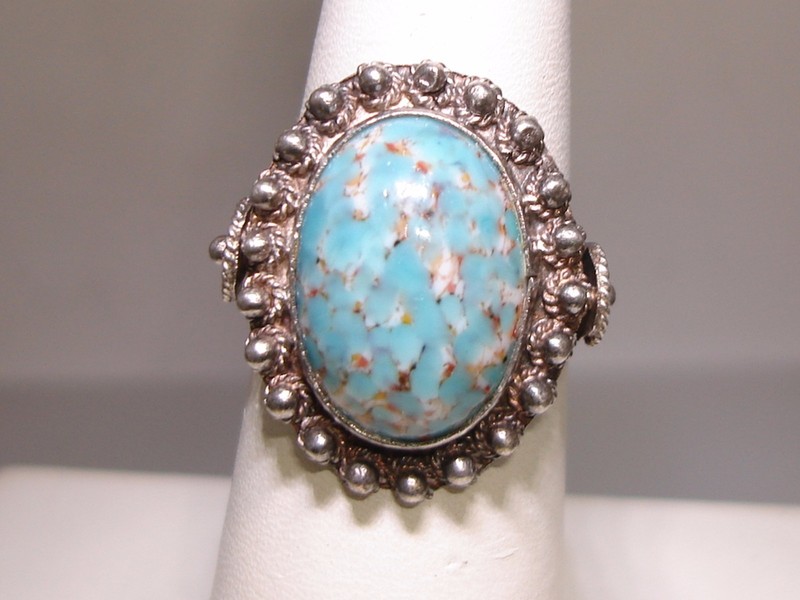 Vintage Southwestern sterling silver ring with confetti blue glass cabochon