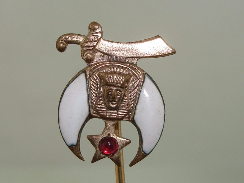 Victorian rose gold Masonic stick pin with ruby glass and enamel