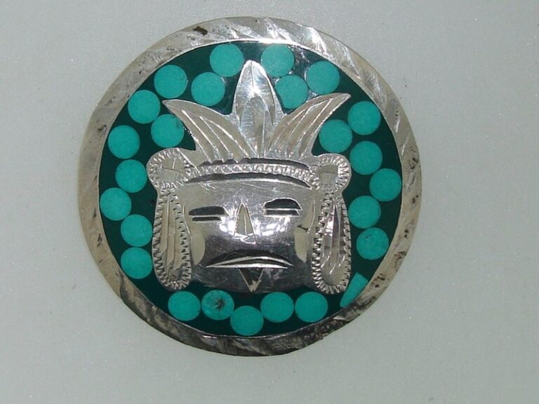 Vintage sterling silver turquoise inlay Mayan Aztec pin by MRM, Guadalajara, Mexico