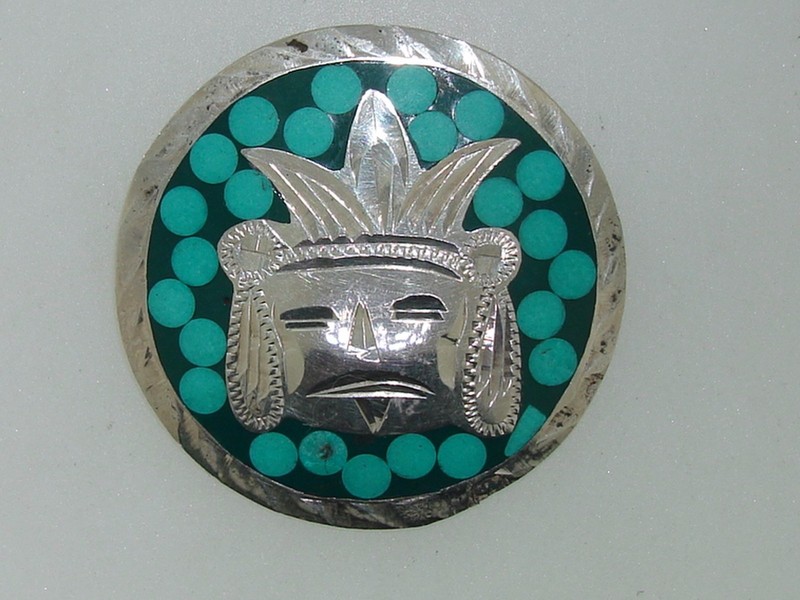 Vintage sterling silver turquoise inlay Mayan Aztec pin by MRM, Guadalajara, Mexico