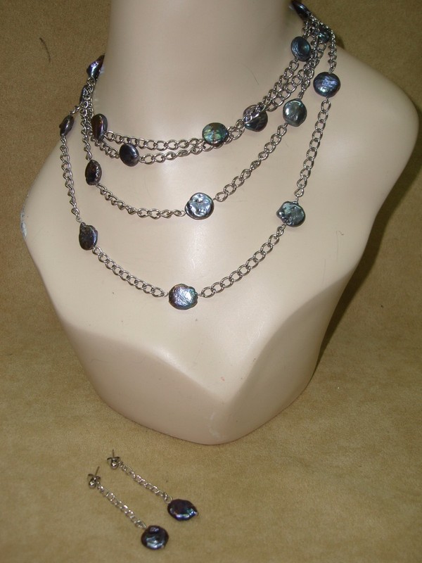 Vintage silver iridescent black freshwater pearl necklace and earring set