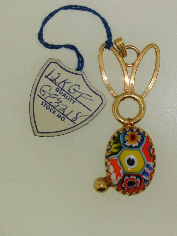 Vintage gold filled bunny pendant with Murano Millefiori glass body