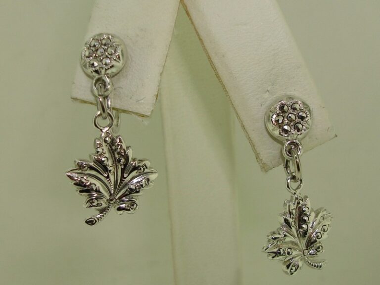 Vintage sterling silver marcasite maple leaf earrings, screw-back, BK maker's mark