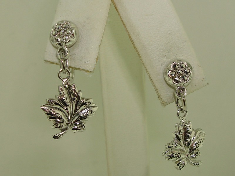 Vintage sterling silver marcasite maple leaf earrings, screw-back, BK maker's mark