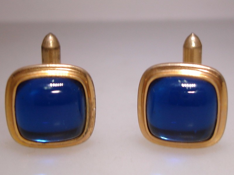 Art Deco cufflinks, 1930s-40s, rose gold filled, blue glass