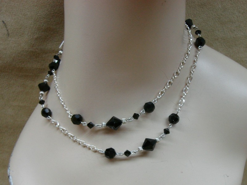 Sterling silver necklace with black glass beads