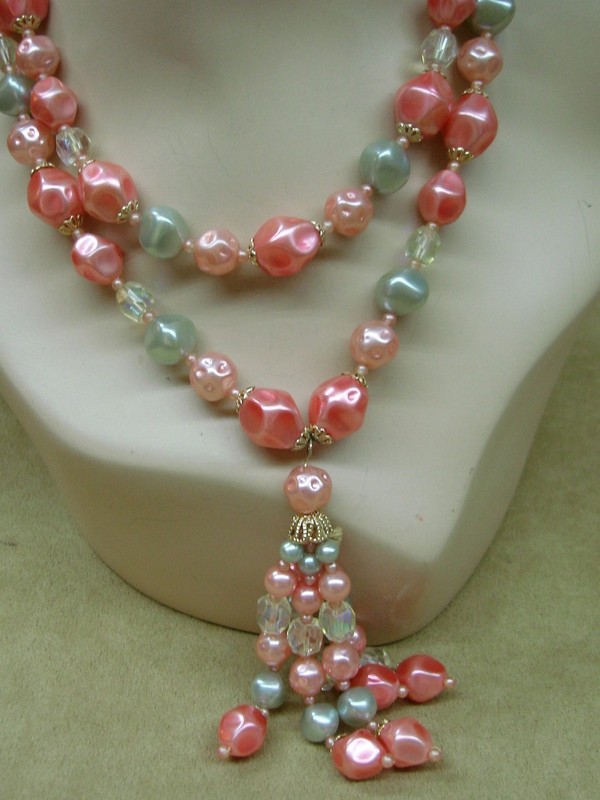 Vintage 1950s Japanese lucite and crystal pendant necklace with pink and gray beads and aurora borealis crystals