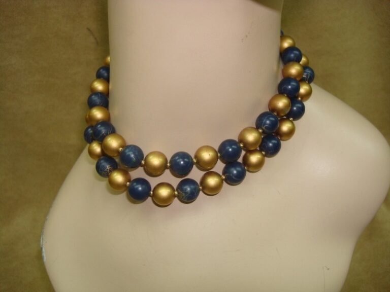 Vintage 1960s Marvella Gold and Blue Bead Choker Necklace