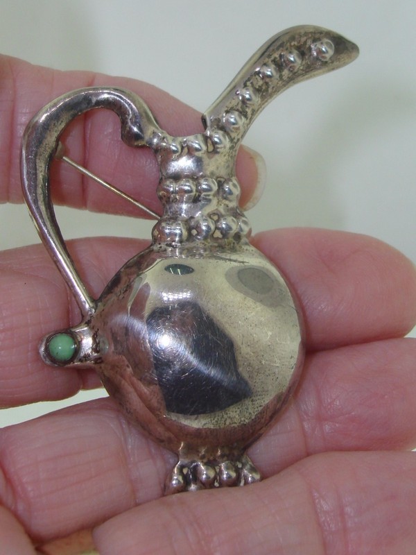 Vintage sterling silver turquoise pitcher pin, Mexico, signed FM
