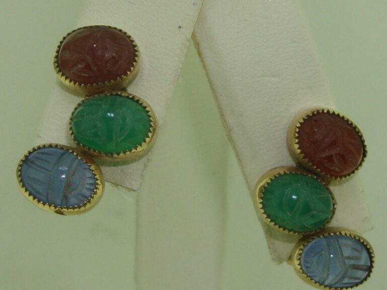 Pair of vintage 1960s gold-filled scarab earrings with chrysoprase, carnelian, and sodalite gemstones.