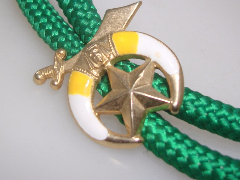 Vintage Masonic enamel bolo slide, gold-tone with green cord, 1960s-70s